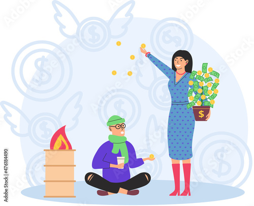 Richness and poverty concept. Rich happy woman scatter bills, poor man tramp begging on street. Financial success, unemployed person, pauper and wealthy lady. Financial superiority wealth and poorness