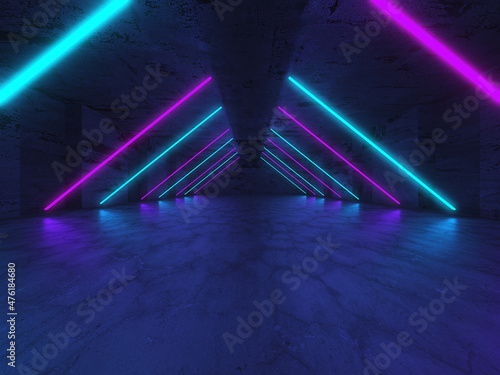 Neon Tube Lights Glowing In Concrete Floor Room