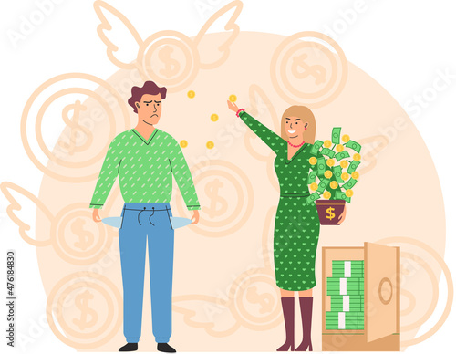 Richness and poverty concept. Rich happy woman scatter bills, poor man shows empty pockets. Financial success, unemployed person, pauper and wealthy lady. Financial superiority wealth and poorness