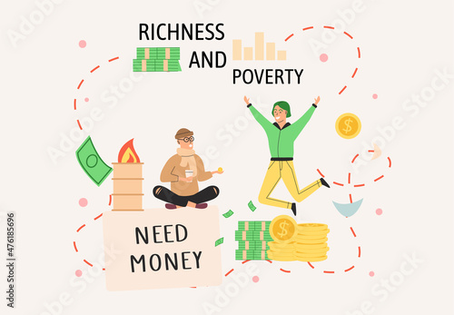 Richness and poverty concept. Happy jumping rich man rejoices in prosperity and sad poor unemployed guy need money. Economic and social condition of people. Financial superiority, wealth and poorness
