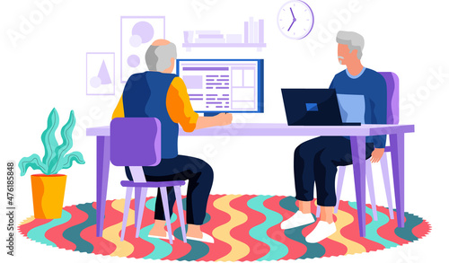 Social concept old people using computer and technology. Elderly person works or studies at laptop. Oldster education, active social life, online communication, seniors with tablet, learning to use PC