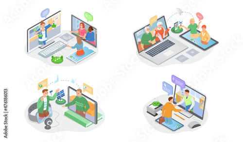 People communicate online. Virtual meeting or conference. Chatting with by videochat, videoconferencing using green technology concept. Set of illustrations about online communication via Internet