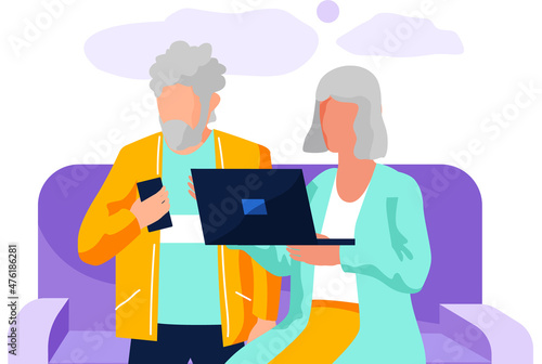 Elderly man and woman working with laptop at home. Browsing internet with smartphone. Online shopping, working from home, communicating on social media. Old people and technology social concept