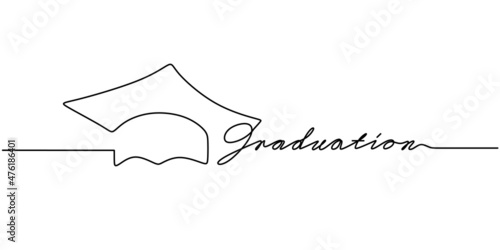 Continuous one single line of graduation hat with graduation word isolated on white background.