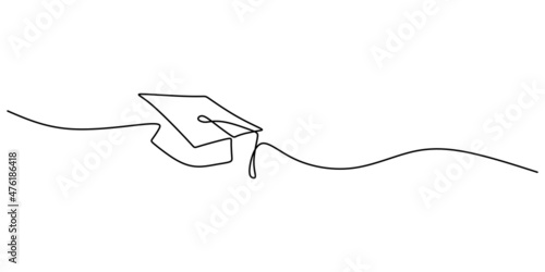 Continuous one single line of graduation hat isolated on white background.