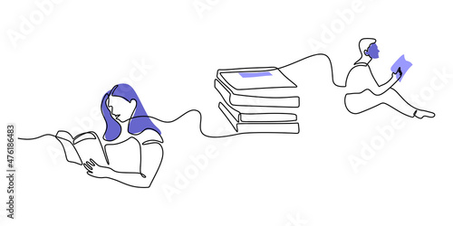 Continuous one single line of man and woman reading book isolated on white background for world education day.