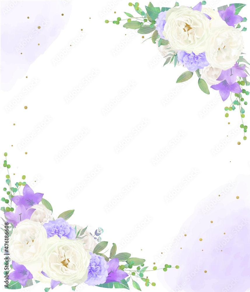 美しい白いバラの花と紫色の花の招待状縦水彩画風フレームベクターイラスト素材