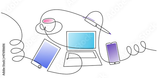 Continuous one single line of cup coffee, pen, tablet and laptop isolated on white background for studying stuff.