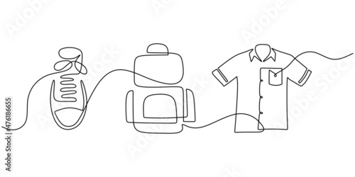 Continuous one single line of shoe, bag and uniform isolated on white background for studying stuff.