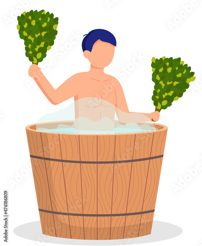 Young man sitting in tub washing his body in sauna. Bathhouse or banya isolated. Guy in barrel is resting in sauna. Male character in hot steam. Wellness spa procedures in wooden water barrel