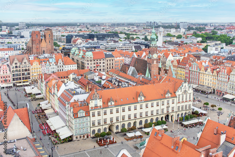 Wroclaw, Poland -  largest city of Silesia, Wroclaw displays a colorful Old Town. Here in particular a sight of it from the top of St Elizabeth Church