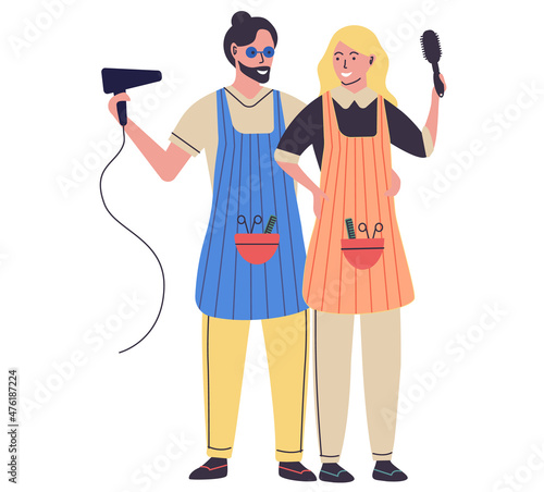 Professional male and female barber characters, smiling hairdressers stand together hug isolated on white. Hairdressing salon workers, hair studio service cartoon couple with hairdryer and comb