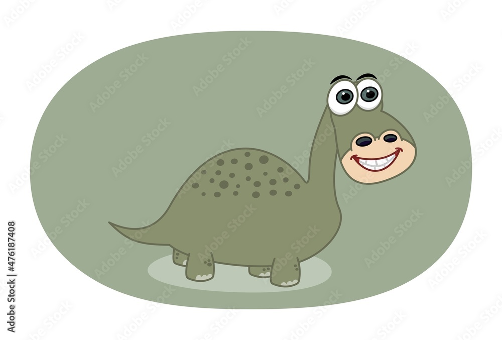 Fototapeta premium Green herbivorous dinosaur with big smile on green background with shadow 
