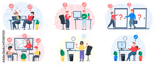 Making confusion. Doubts person surrounded by question marks. Questions dilemma situations. Asking questions. Confused people. Making choice. Being confused. Thinking or make decision. Solving problem