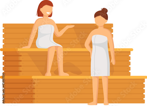 People steaming in sauna concept. Women wearing bath towel sitting on wooden bench in bath. Heat therapy, relaxation and rest. Girls relax and steam in traditional russian banya or finnish sauna