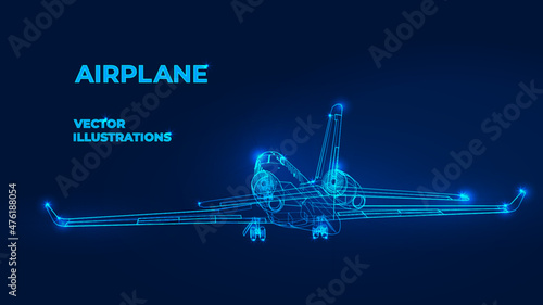 Polygonal 3d airplane in dark blue background. Online logistic, transportation service. Abstract vector rendering illustration.