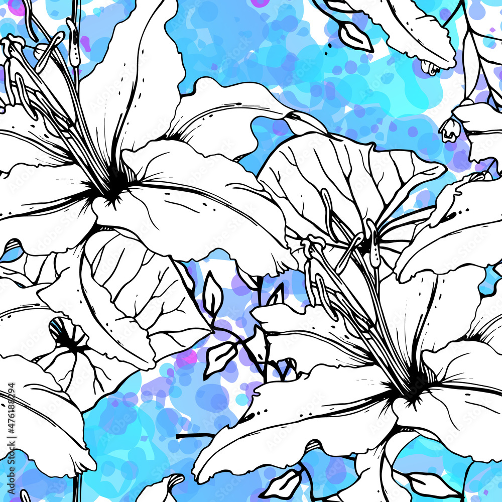 Fototapeta premium Floral Black White Pattern. Modern Watercolor