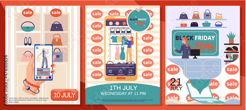 Mobile online shopping. People buy clothes and accessories in online shops, black friday sale. Special offer, discount concept. Modern clothing store, purchases using an application on smartphone