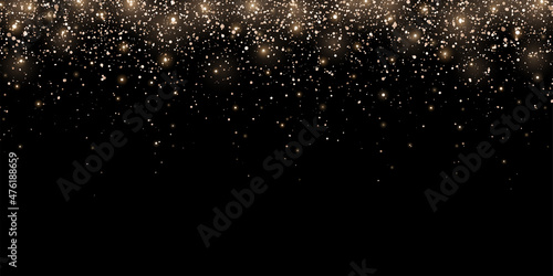Wide bronze gold glitter holiday confetti with glow lights on black background. Vector