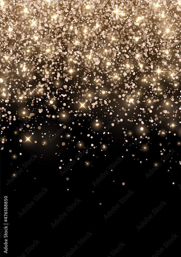 Sparkling festive scattered bronze gold glitter flyer. Vector