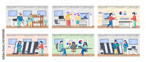Printing house polygraphy industry composition. Print and polygraphy industry concept. Printing house production process with workers flowchart plotter, printer offset machine working. Print equipment