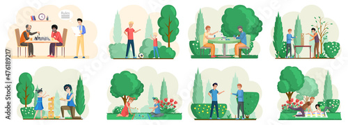 Family playing active game scenes set. People and kids having fun, spending time together at park. Parents with children enjoy table game and sport game. Outdoor entertainment for adults and children