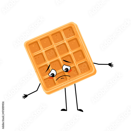 Cute character belgian waffle with sad emotions, depressed face, down eyes, arms and legs. Baking person, dessert with melancholy expression. Vector flat illustration