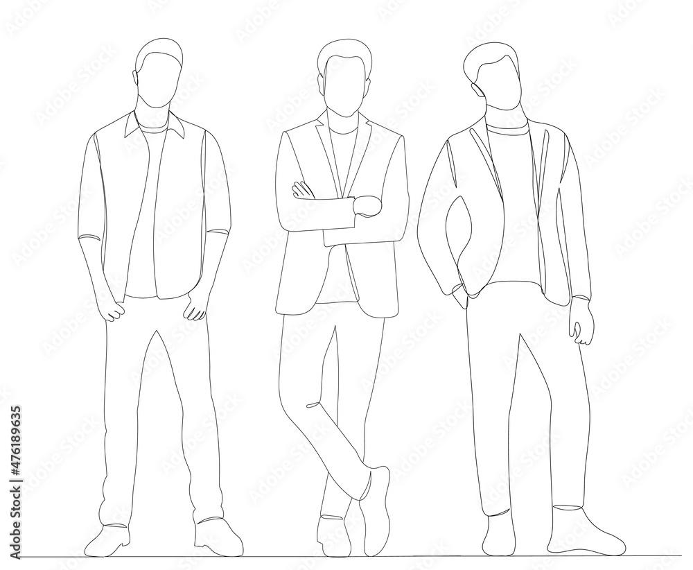 men drawing by one continuous line, vector
