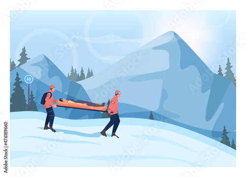 An accident victim transportation. Ski resort rescuer team. Finding people
