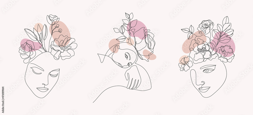 Vector set of women faces, bodies line art illustrations, logos with flowers and leaves, feminine nature concept. Use for prints, tattoos, posters, textile, logotypes, cards etc. - obrazy, fototapety, plakaty 