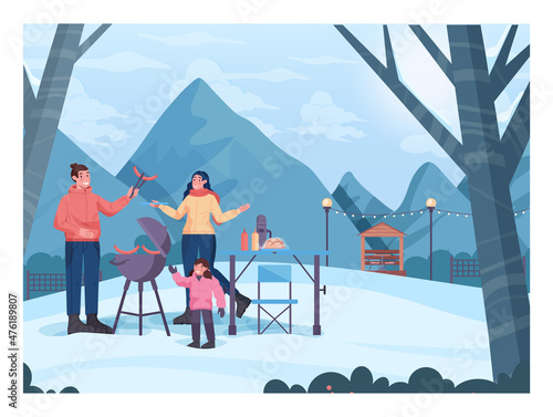 Winter bbq concept. Family children grilling hot dogs, ski resort bbq party.