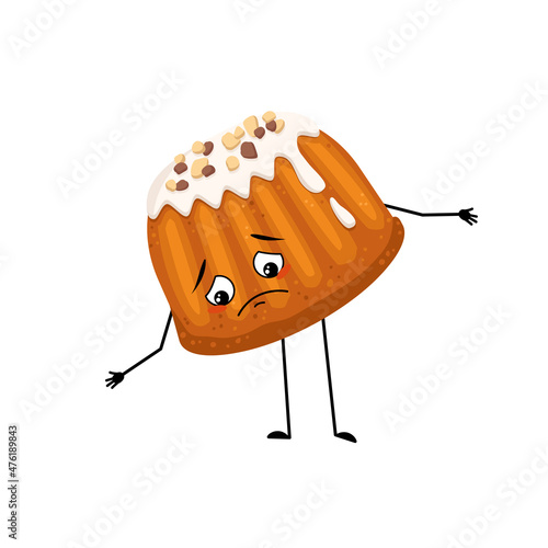 Cute glazed muffin with nut sprinkles character with sad emotions, depressed face, down eyes, arms and legs. Baking person, bun with melancholy expression. Vector flat illustration