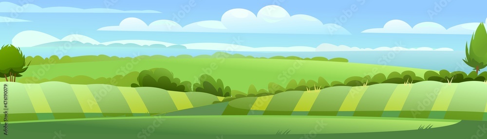 Garden hills with beds and bushes. Rural landscape. Horizontal village nature illustration. Cute country hills. Flat style. Vector