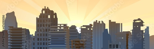 Burnt out multi storey buildings. Fire Ruined city. Apocalypse Seamless scene. Armageddon death of civilization in war or environmental disaster. Flat style. Vector