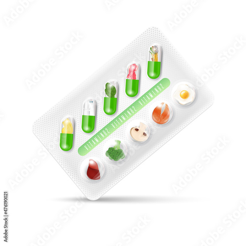 Vitamin B2 green capsule. Natural supplements vitamins and minerals. Slices of vegetables and fruit in a drug packaging. Medical health concept. Realistic 3D Vector.