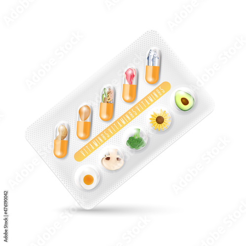 Vitamin B5 orange capsule. Natural supplements vitamins and minerals. Slices of vegetables and fruit in a drug packaging. Medical health concept. Realistic 3D Vector.