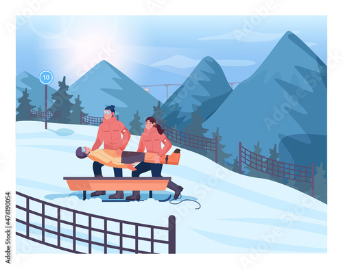 An accident victim transportation. Ski resort rescuer team. Finding people
