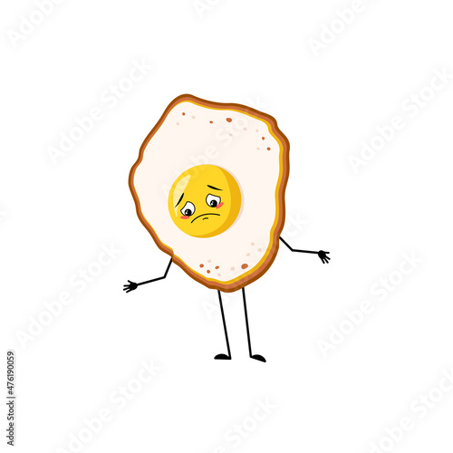 Cute character scrambled eggs with yolk and protein with sad emotions, depressed face, down eyes, arms and legs. Fun food for breakfast with melancholy expression. Vector illustration