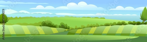 Garden hills with beds and bushes. Rural landscape. Horizontal village nature illustration. Cute country hills. Flat style. Vector