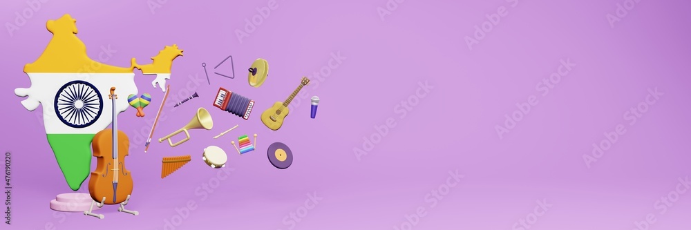 3d rendering of musical instrument usage and interest in India 3d rendering of musical instrument usage and interest in India