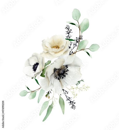 Hand-drawn floral bouquet with white anemone flowers, creamy rose, eucalyptus. Winter, spring arrangement for greeting cards design, wedding invitations, decor isolated on white background 
