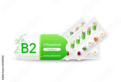 Vitamin B2 green capsule. Natural supplements vitamins and minerals. Slices of vegetables and fruit in a drug packaging and box. Positive beauty and Medical health concept. Realistic 3D Vector.