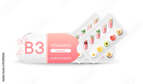 Vitamin B3 pink capsule. Natural supplements vitamins and minerals. Slices of vegetables and fruit in a drug packaging and box. Positive beauty and Medical health concept. Realistic 3D Vector.