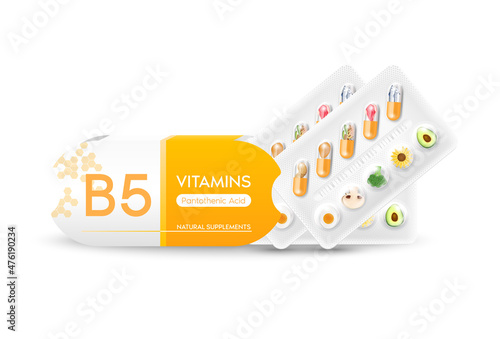 Vitamin B5 orange capsule. Natural supplements vitamins and minerals. Slices of vegetables and fruit in a drug packaging and box. Positive beauty and Medical health concept. Realistic 3D Vector.