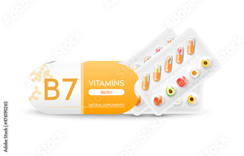 Vitamin B7 orange capsule. Natural supplements vitamins and minerals. Slices of vegetables and fruit in a drug packaging and box. Positive beauty and Medical health concept. Realistic 3D Vector.