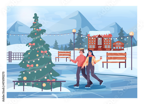 Ski resort concept. Happy woman and man holding hands and skating