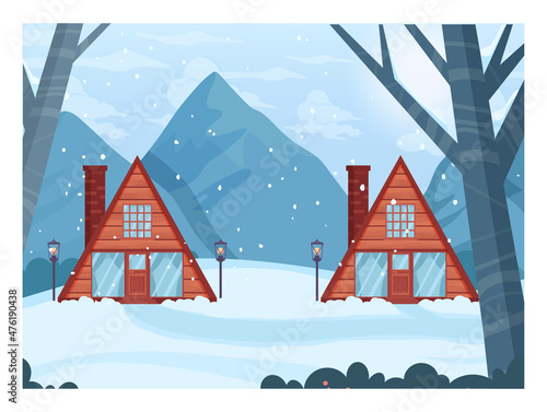 Wooden cottage houses, chalet in winter mountains. Ski resort hotel in pine