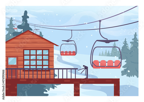 Ski lift platform. Chairlift lifting up people to a slope top. Winter ski resort