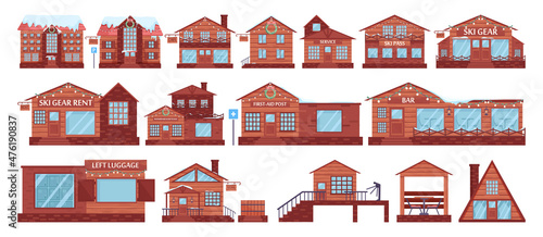 Ski resort wooden cottages set. Ski resort hotel, ski gear rent, ski pass, cafe,
