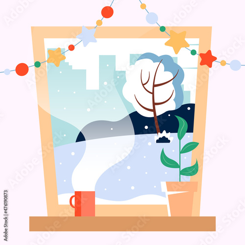 New Year's background picture - a tea mug, a plant on sill with winter landscape. Vector illustration. 